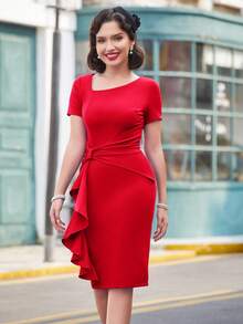 MUXXN Twist Front Asymmetrical Neck Bodycon Dress - Red - View 6