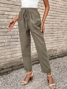 SHEIN LUNE Tie Waist Straight Leg Trousers - Green - View 3