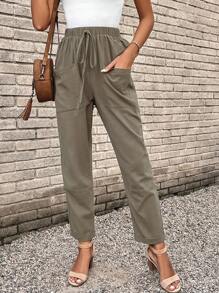 SHEIN LUNE Tie Waist Straight Leg Trousers - Green - View 4