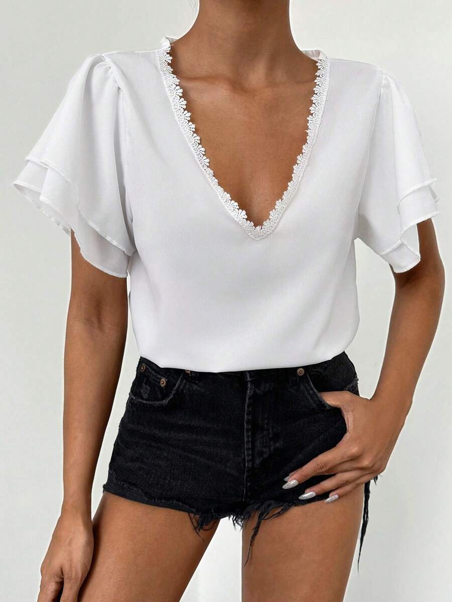 EURMUSE Guipure Lace Trim Butterfly Sleeve Blouse - White - View 1