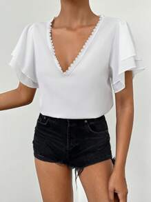 EURMUSE Guipure Lace Trim Butterfly Sleeve Blouse - White - View 3