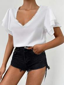 EURMUSE Guipure Lace Trim Butterfly Sleeve Blouse - White - View 5