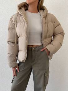 EURMUSE Zip Up Hooded Puffer Coat - Beige - View 1