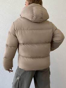 EURMUSE Zip Up Hooded Puffer Coat - Beige - View 2