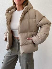 EURMUSE Zip Up Hooded Puffer Coat - Beige - View 3