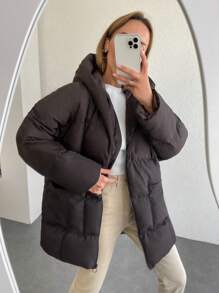 EURMUSE Women's Solid Color Hooded Warm Winter Mid-Length Zip-Up Padded Coat - Chocolate Brown - View 1