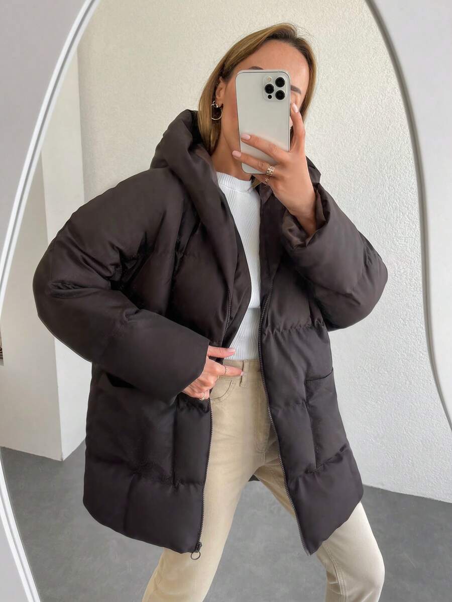 EURMUSE Women's Solid Color Hooded Warm Winter Mid-Length Zip-Up Padded Coat - Chocolate Brown - View 1