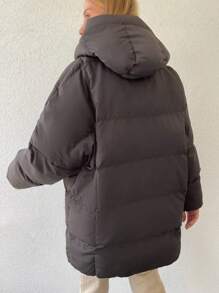 EURMUSE Women's Solid Color Hooded Warm Winter Mid-Length Zip-Up Padded Coat - Chocolate Brown - View 2