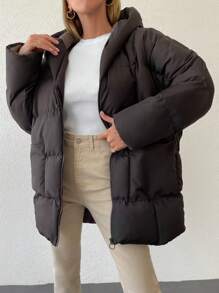 EURMUSE Women's Solid Color Hooded Warm Winter Mid-Length Zip-Up Padded Coat - Chocolate Brown - View 4