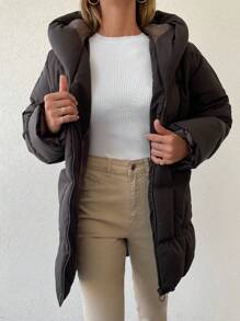 EURMUSE Women's Solid Color Hooded Warm Winter Mid-Length Zip-Up Padded Coat - Chocolate Brown - View 5