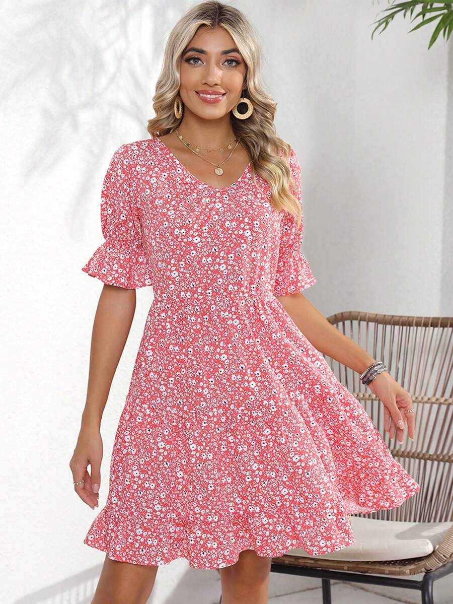 Ditsy Floral Print Flare Sleeve Ruffle Hem Dress - Pink - View 1