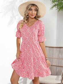 Ditsy Floral Print Flare Sleeve Ruffle Hem Dress - Pink - View 4