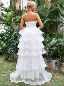Váy cưới Dây kéo phân lớp màu trơn - trắng - Xem 2