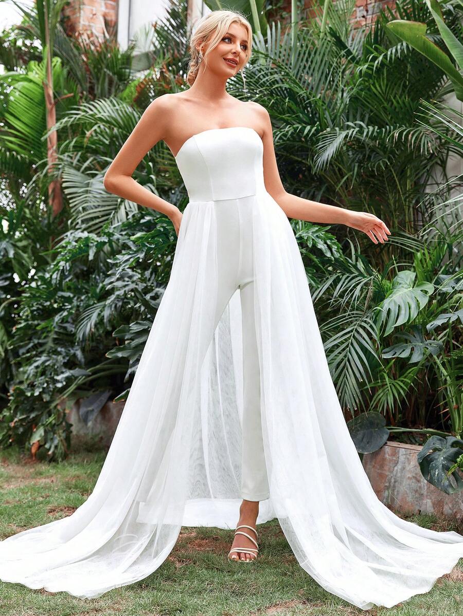 Contrast Mesh Tube Jumpsuit - White - View 1