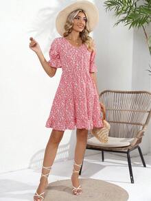 Ditsy Floral Print Flare Sleeve Ruffle Hem Dress - Pink - View 6