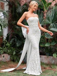 Jacquard Big Bow Back Tube Wedding Dress - White - View 1