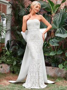 Jacquard Big Bow Back Tube Wedding Dress - White - View 3