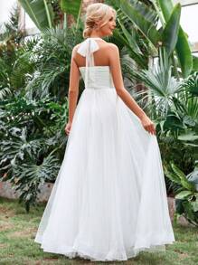 Appliques Backless Mesh Wedding Dress - White - View 2