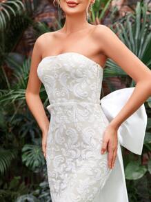 Jacquard Big Bow Back Tube Wedding Dress - White - View 4
