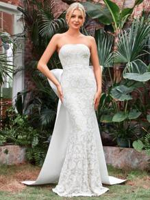 Jacquard Big Bow Back Tube Wedding Dress - White - View 5