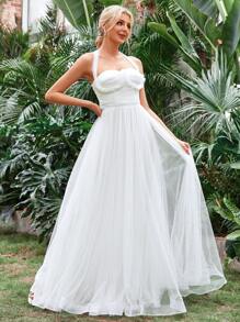 Appliques Backless Mesh Wedding Dress - White - View 5