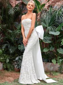 Jacquard Big Bow Back Tube Wedding Dress - White - View 6