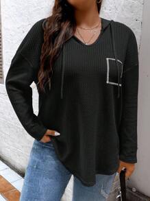 Plus Size Waffle Knit Drop Shoulder Drawstring Sweatshirt - Black - View 1