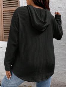 Plus Size Waffle Knit Drop Shoulder Drawstring Sweatshirt - Black - View 2