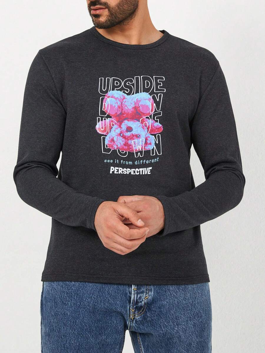 SHEIN Cottnline Men Bear & Slogan Graphic Tee - رمادي غامق - مشاهدة 1