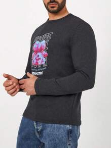 SHEIN Cottnline Men Bear & Slogan Graphic Tee - رمادي غامق - مشاهدة 3