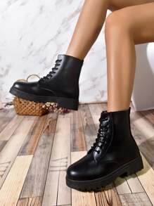 女士繫帶馬丁靴,時尚黑色靴子適用於戶外 - 黑色 - 查看 1