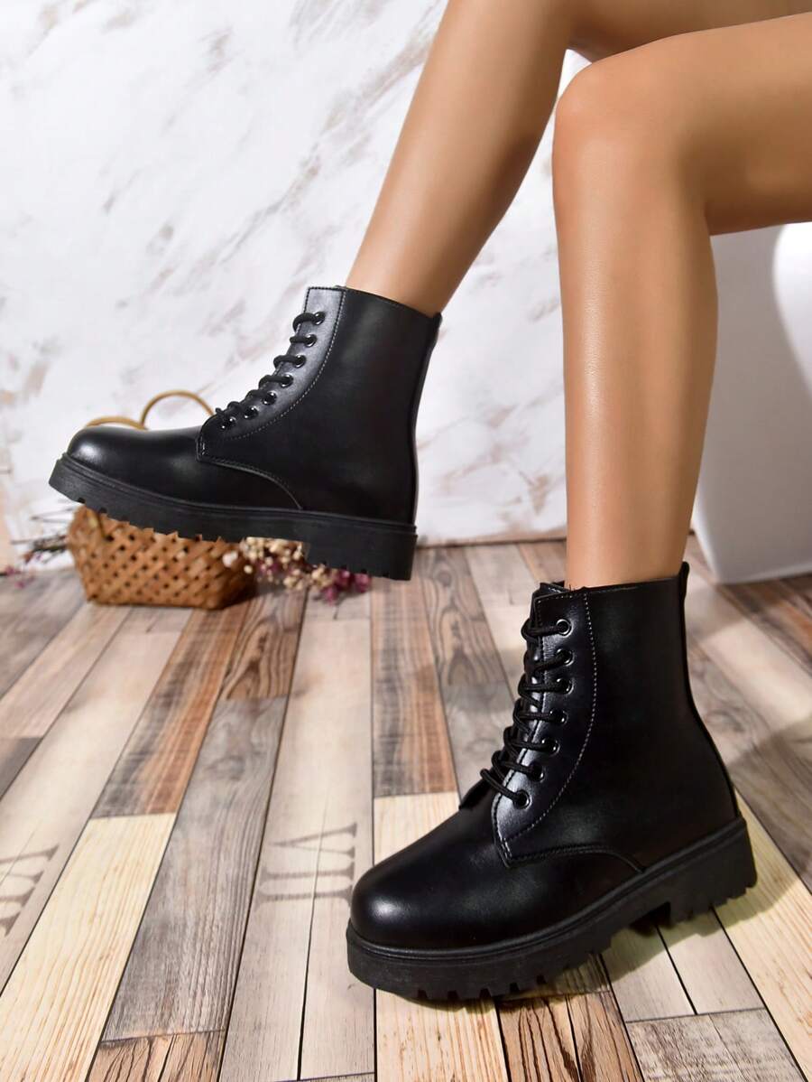 女士繫帶馬丁靴,時尚黑色靴子適用於戶外 - 黑色 - 查看 1