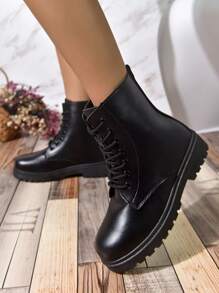 女士繫帶馬丁靴,時尚黑色靴子適用於戶外 - 黑色 - 查看 4