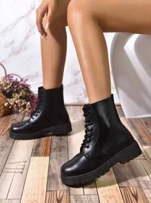 女士繫帶馬丁靴,時尚黑色靴子適用於戶外 - 黑色 - 查看 5