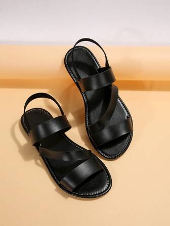 女士多帶露跟涼鞋,優雅黑色平底涼鞋適合夏天