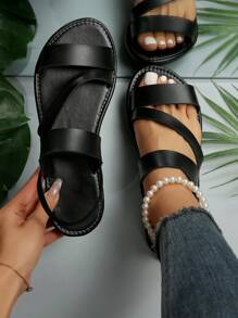 Women Multi Strap Slingback Sandals, Elegant Black Flat Sandals For Summer,Beach Outfits - Black - View 3