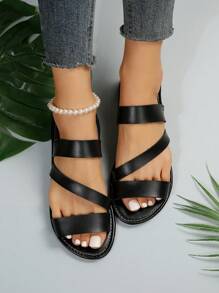 Women Multi Strap Slingback Sandals, Elegant Black Flat Sandals For Summer,Beach Outfits - Black - View 4