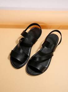 Women Multi Strap Slingback Sandals, Elegant Black Flat Sandals For Summer,Beach Outfits - Black - View 5