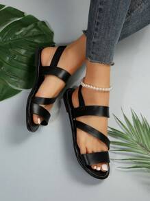 Women Multi Strap Slingback Sandals, Elegant Black Flat Sandals For Summer,Beach Outfits - Black - View 6