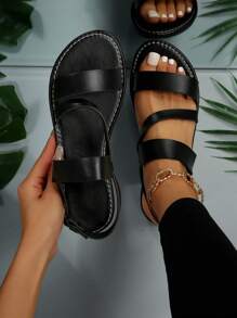 Mujer con diseño de hebilla Sandalias destalonadas , elegante negro Sandalias planas para verano - Negro - Ver 1