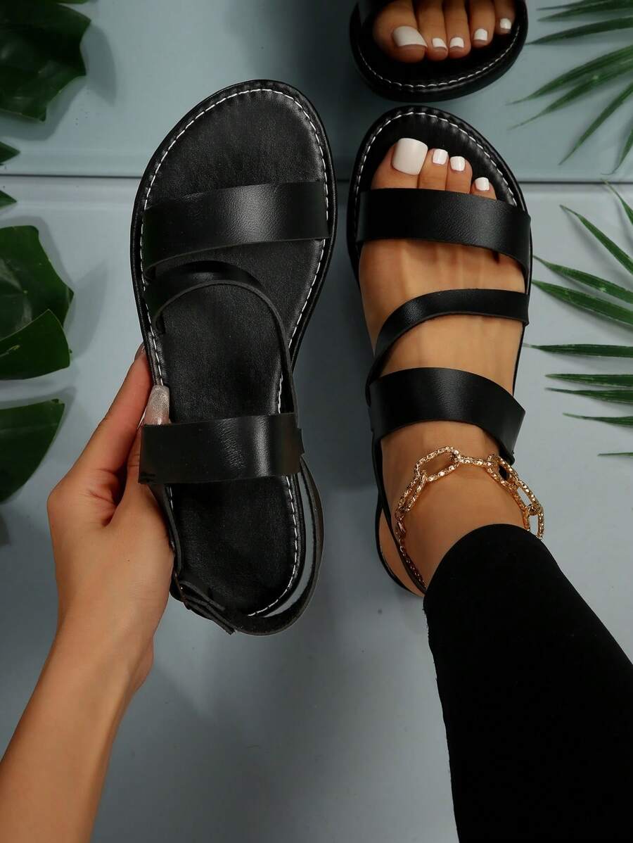 Mujer con diseño de hebilla Sandalias destalonadas , elegante negro Sandalias planas para verano - Negro - Ver 1
