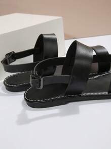 Mujer con diseño de hebilla Sandalias destalonadas , elegante negro Sandalias planas para verano - Negro - Ver 2