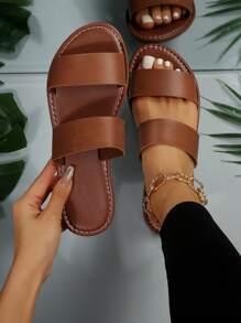 Women Two Part Slide Sandals, Elegant Brown Flat Sandals For Summer - Brown - View 1
