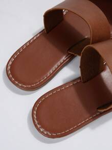 Women Two Part Slide Sandals, Elegant Brown Flat Sandals For Summer - Brown - View 2