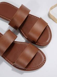 Women Two Part Slide Sandals, Elegant Brown Flat Sandals For Summer - Brown - View 3