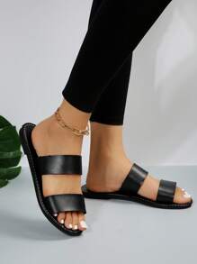 Women Two Part Slide Sandals, Elegant Black Flat Sandals For Summer