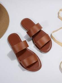 Women Two Part Slide Sandals, Elegant Brown Flat Sandals For Summer - Brown - View 4