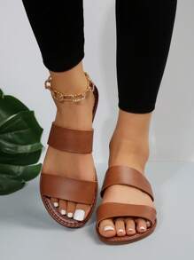 Women Two Part Slide Sandals, Elegant Brown Flat Sandals For Summer - Brown - View 5