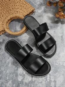 Women Two Part Slide Sandals, Elegant Black Flat Sandals For Summer