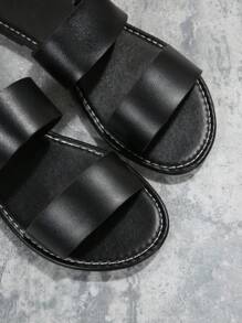 Women Two Part Slide Sandals, Elegant Black Flat Sandals For Summer